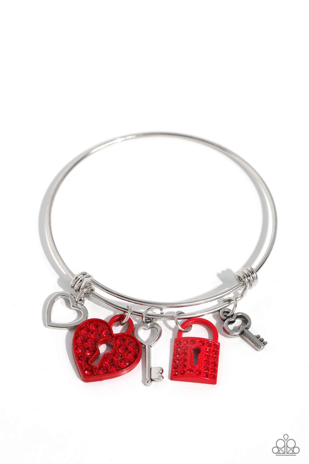 Locked Legacy - Red Rhinestone Heart, Lock & Silver Key Charm Bar Fitting Bracelet Paparazzi B0980