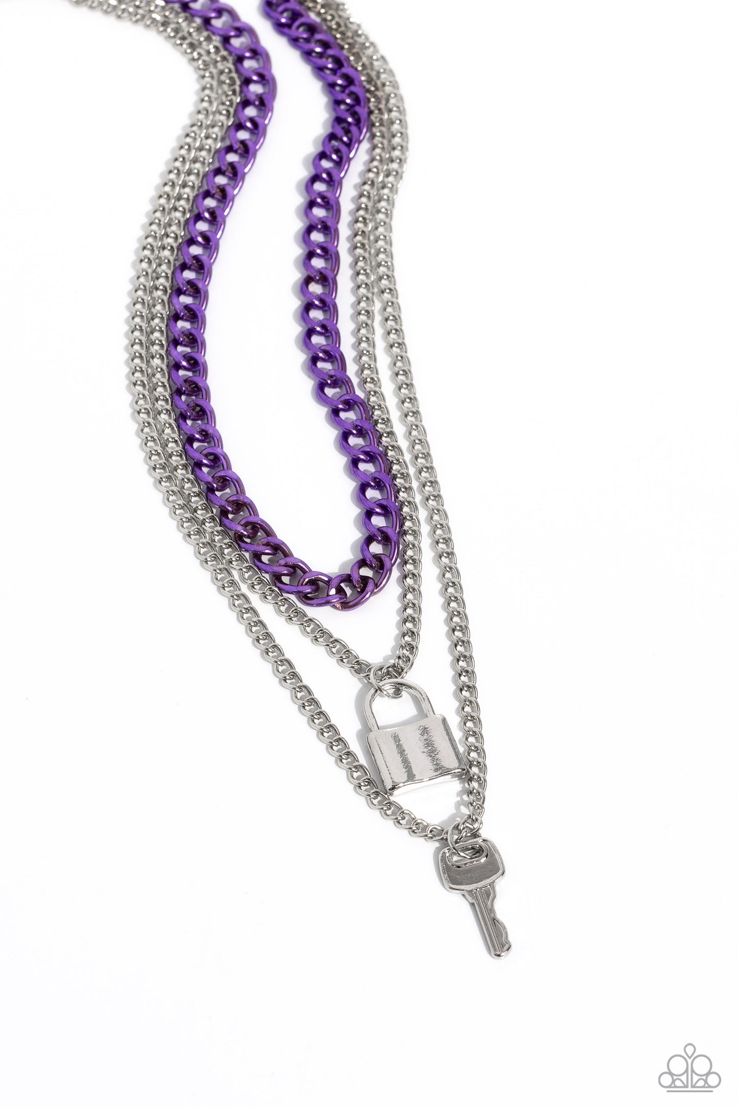 Locked Labor - Purple, Silver Chain Lock & Key Pendant Multilayer Necklace Paparazzi N1774