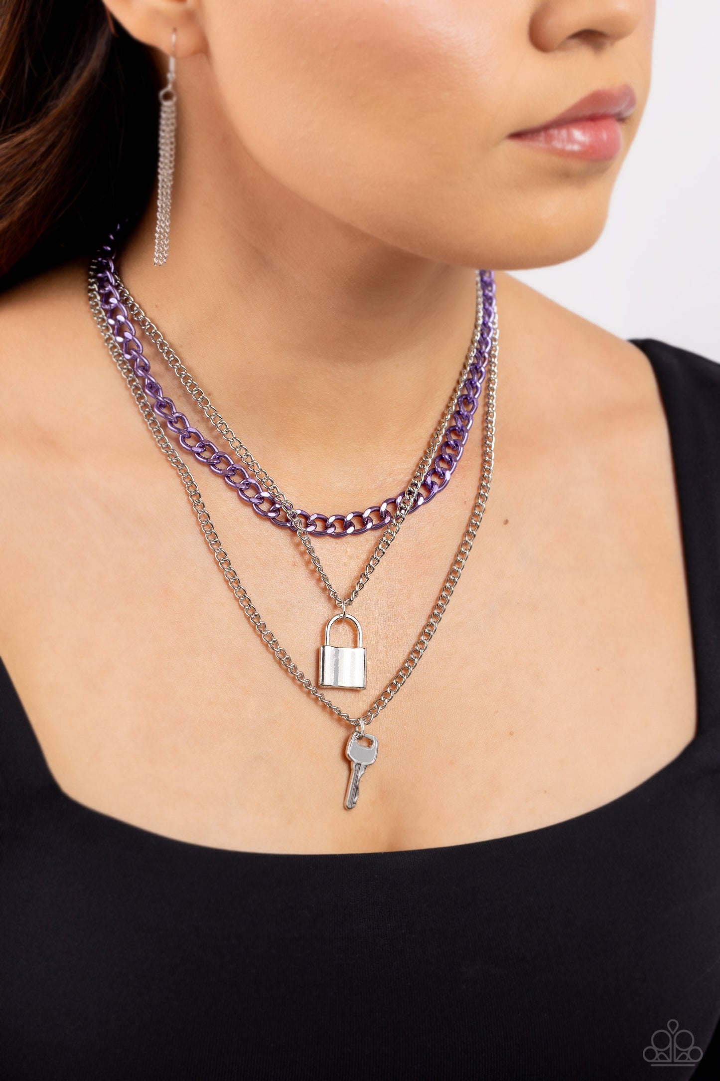 Locked Labor - Purple, Silver Chain Lock & Key Pendant Multilayer Necklace Paparazzi N1774