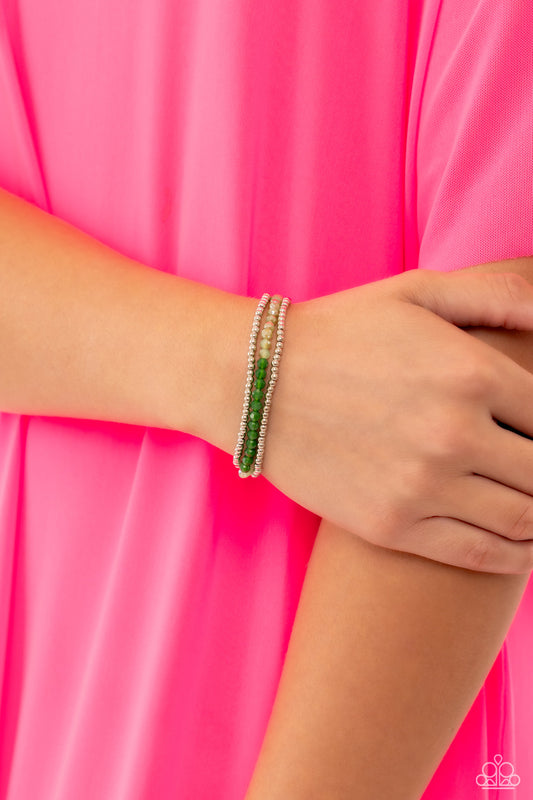 Backstage Beading - Green Glassy, Gold Flecked & Silver Bead Stretch Bracelets Paparazzi