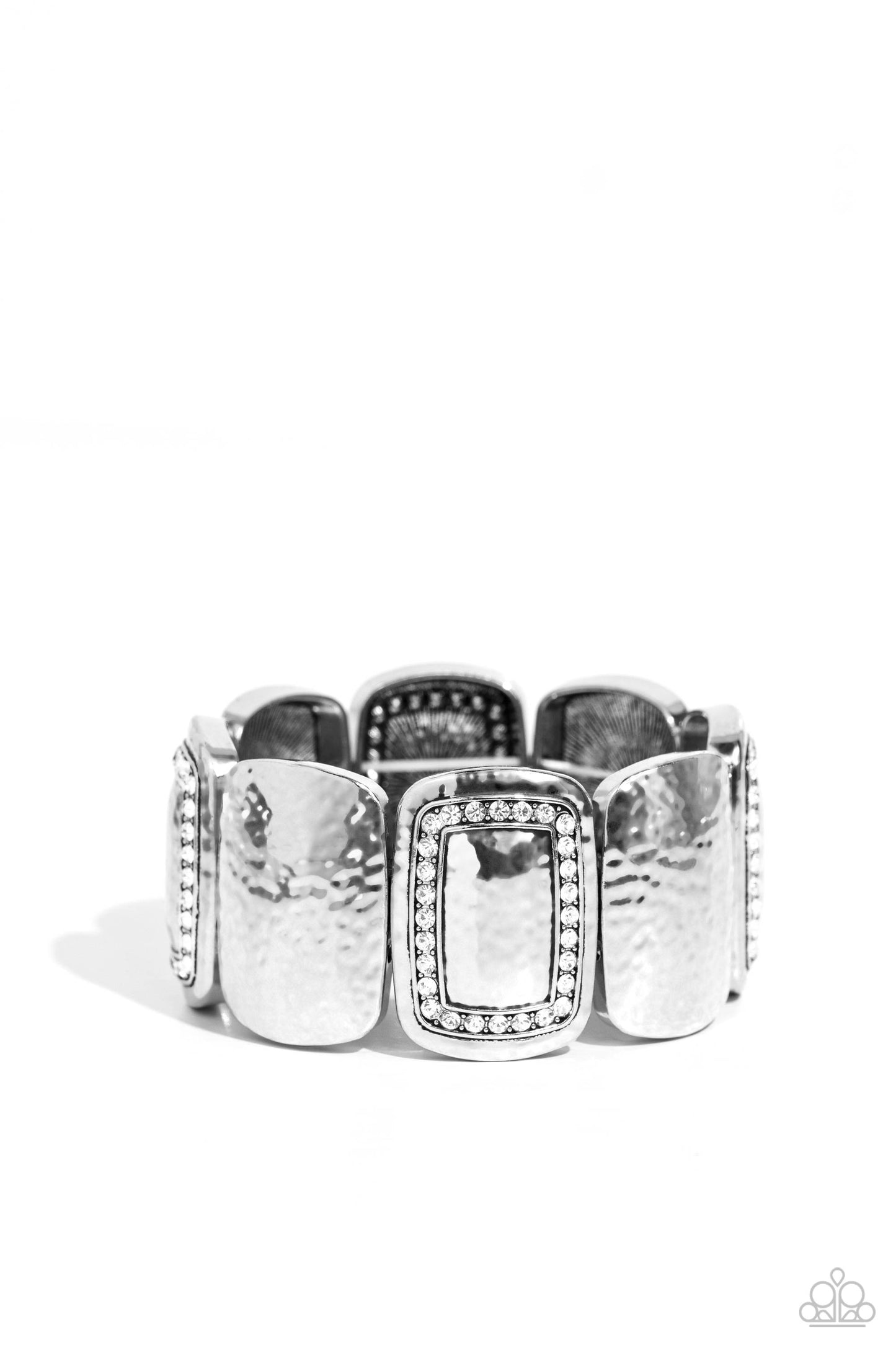 Refined Radiance - White Rhinestone Hammered Silver Stretch Bracelet Paparazzi B1272