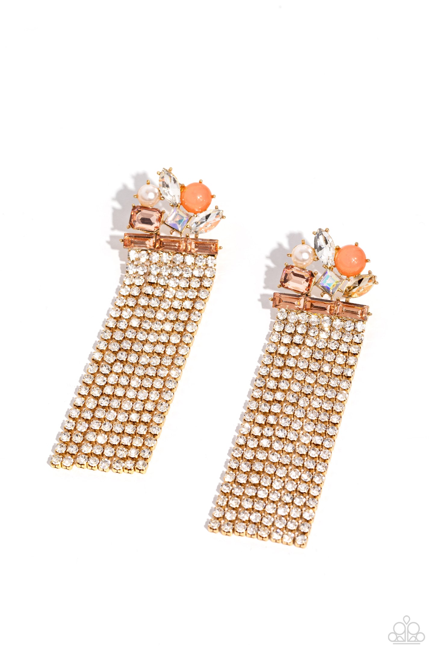 Horizontal Hallmark - Gold Fitting With Peachy, White & Iridescent Gem Post Earring Paparazzi E1604