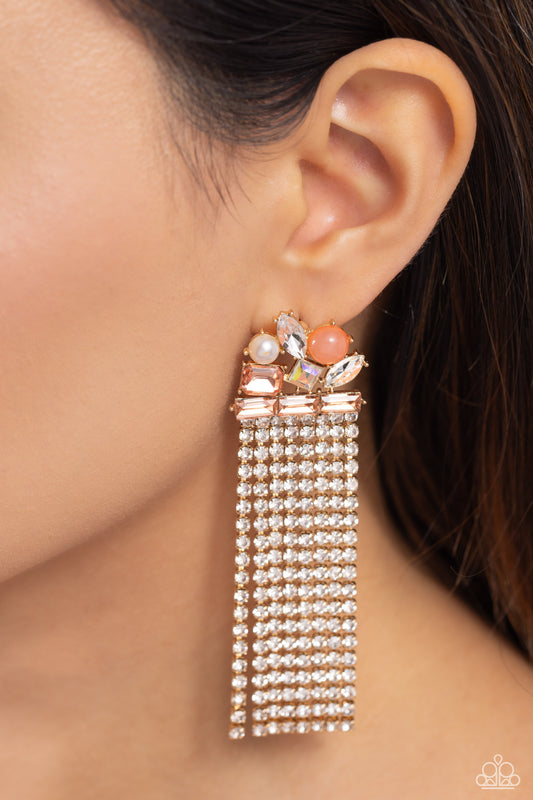 Horizontal Hallmark - Gold Fitting With Peachy, White & Iridescent Gem Post Earring Paparazzi E1604