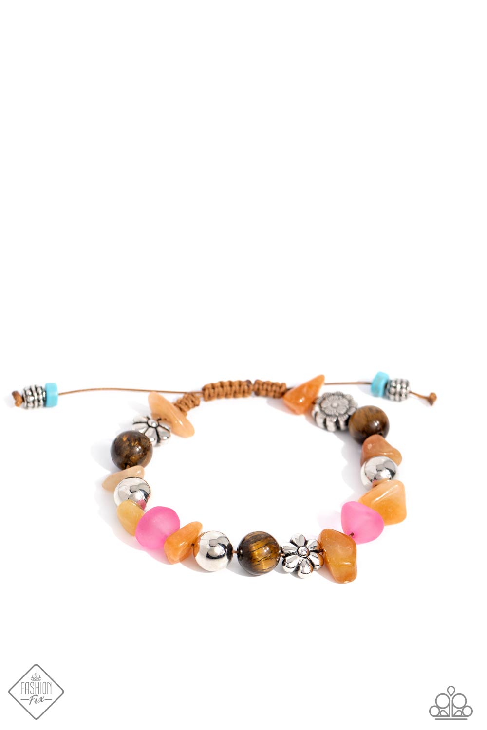 Garden Party Pattern - Orange, Tiger's Eye, Pink & Silver Accent Bracelet Santa Fe Style Fashion Fix November 2023 Paparazzi B1411