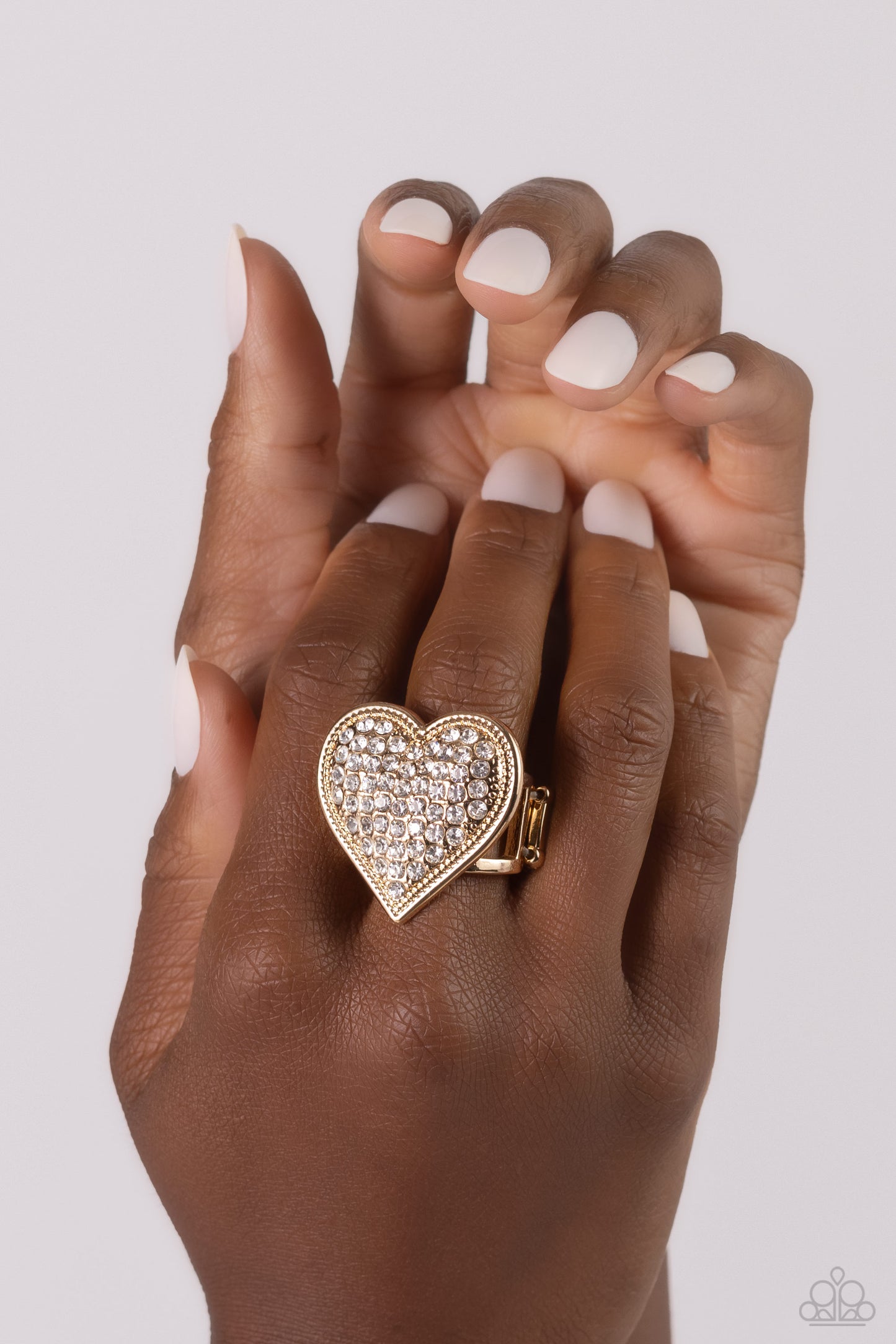 Sweet Serendipity - Gold & White Rhinestone Heart Ring Paparazzi R0686