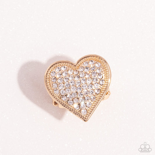 Sweet Serendipity - Gold & White Rhinestone Heart Ring Paparazzi R0686