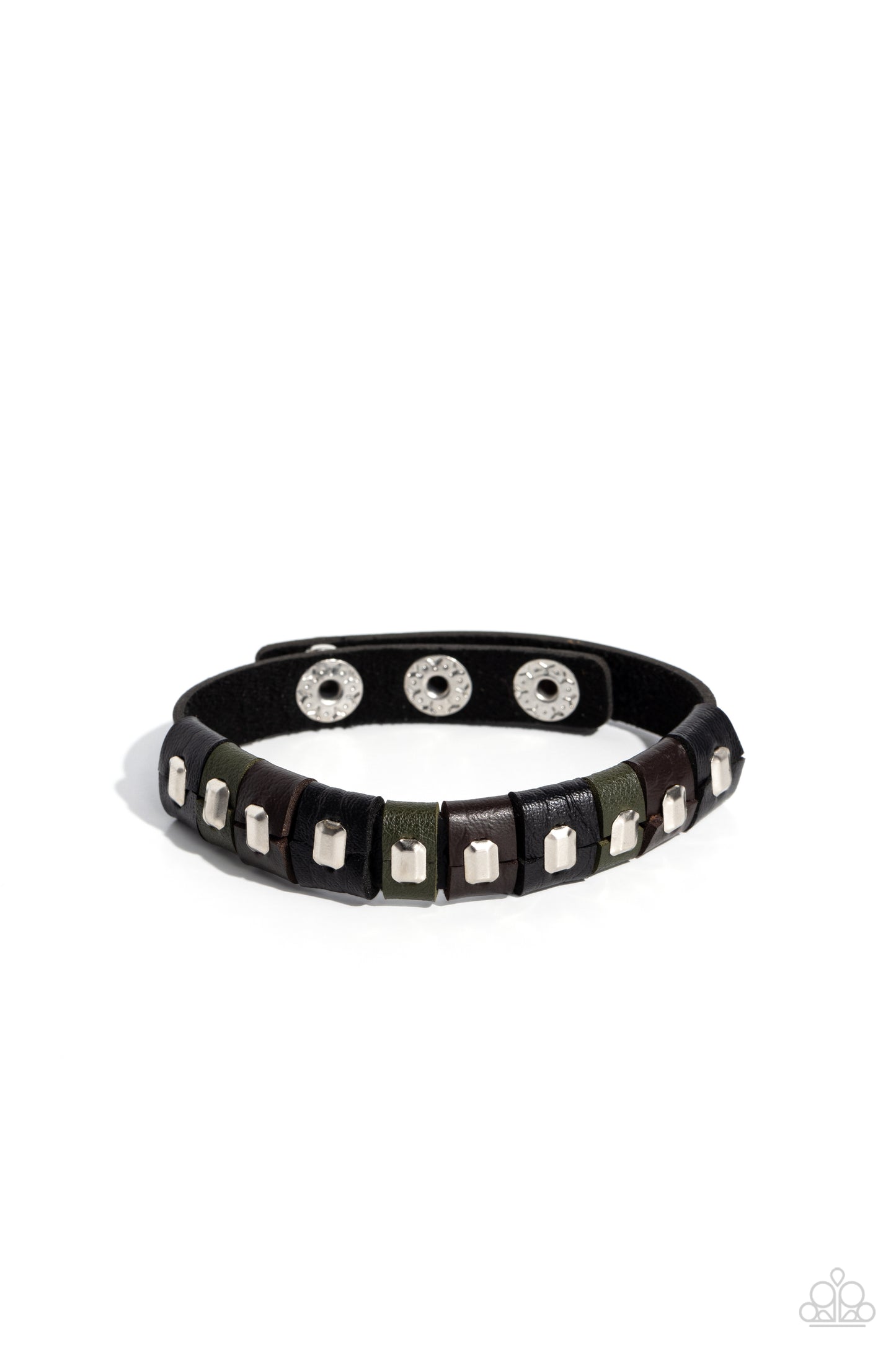 Unabashedly Urban - Black Green, Brown Leather Silver Stud Urban Bracelet Paparazzi B1198