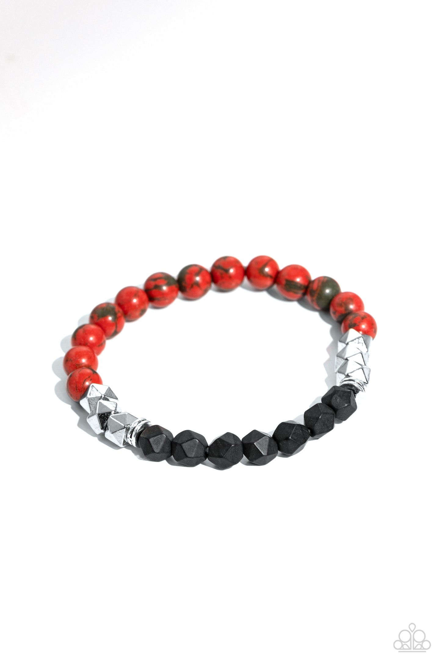 Defaced Deed - Orange Stone Bead, Defaced Black & Silver Bead Urban Stretch Bracelet Paparazzi B1511