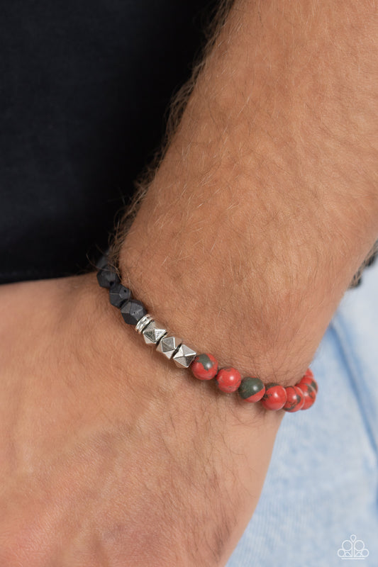 Defaced Deed - Orange Stone Bead, Defaced Black & Silver Bead Urban Stretch Bracelet Paparazzi B1511