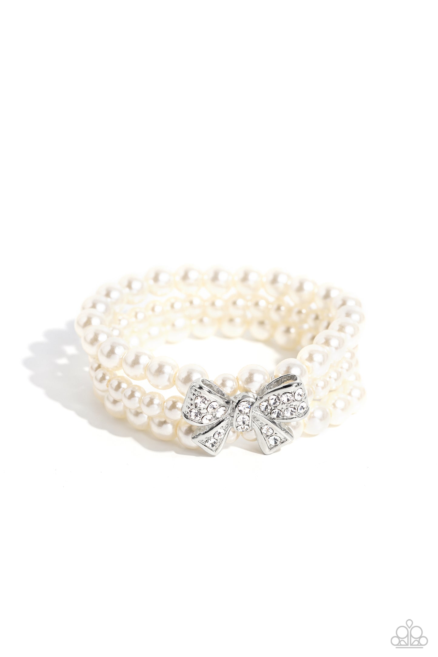 How Do You Do? - White Pearl & Rhinestone Bow Stretch Bracelet 2023 Convention Exclusive Paparazzi B1188