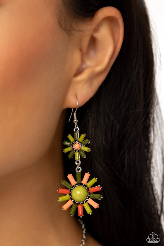 SUN Wild - Green Olive, Leek, Burnt Sienna & Peach Pink Sunburst Style Earring Paparazzi E1653