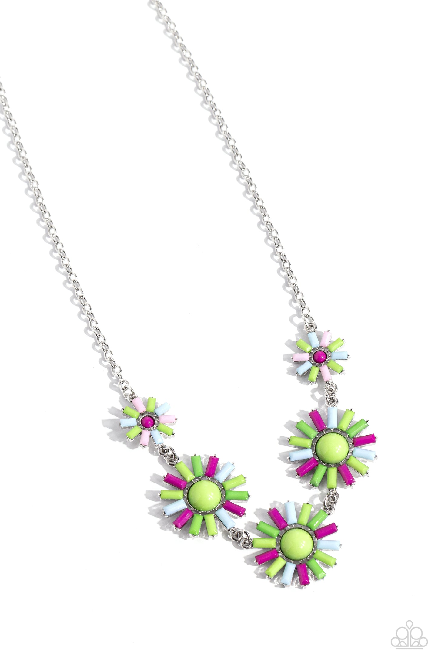 SUN and Fancy Free - Multi Colored Rose Violet, Kohlrabi, Baby Pink, Green Sunburst Necklace Paparazzi N3010