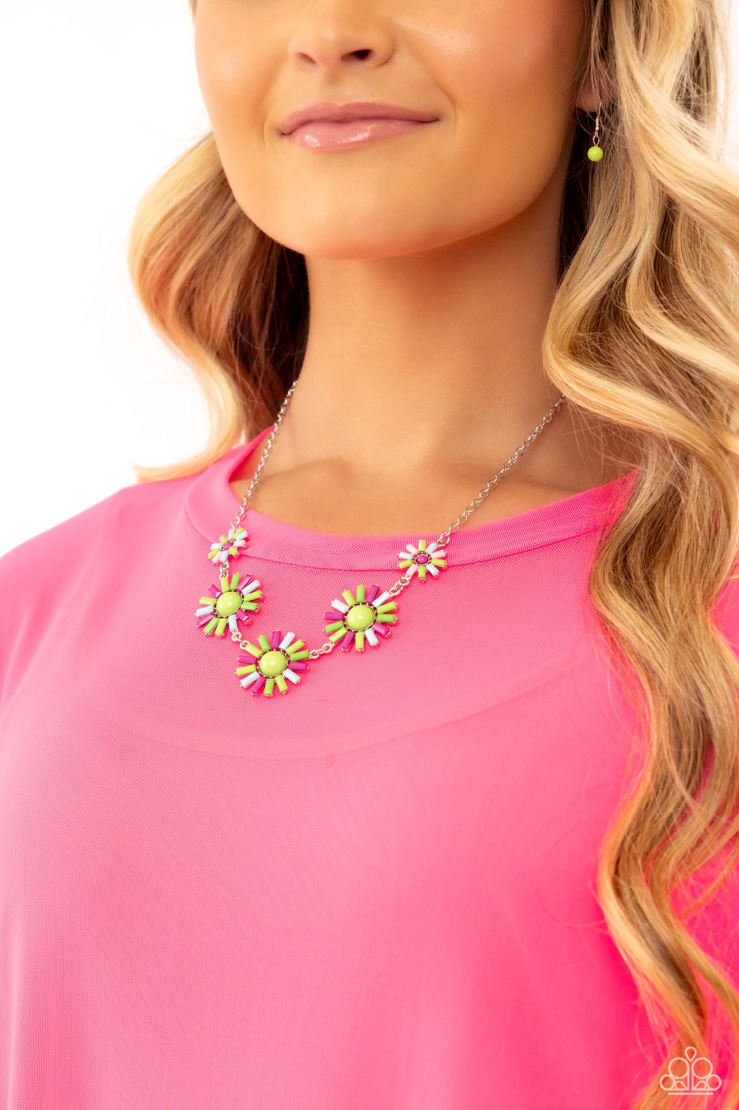 SUN and Fancy Free - Multi Colored Rose Violet, Kohlrabi, Baby Pink, Green Sunburst Necklace Paparazzi N3010