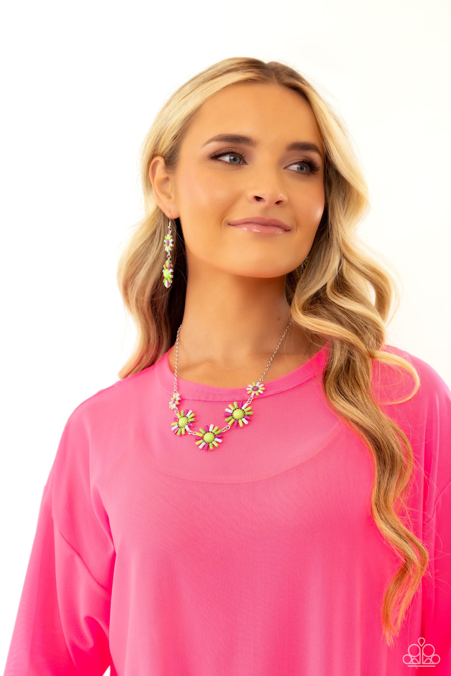 SUN and Fancy Free - Multi Colored Rose Violet, Kohlrabi, Baby Pink, Green Sunburst Necklace Paparazzi N3010