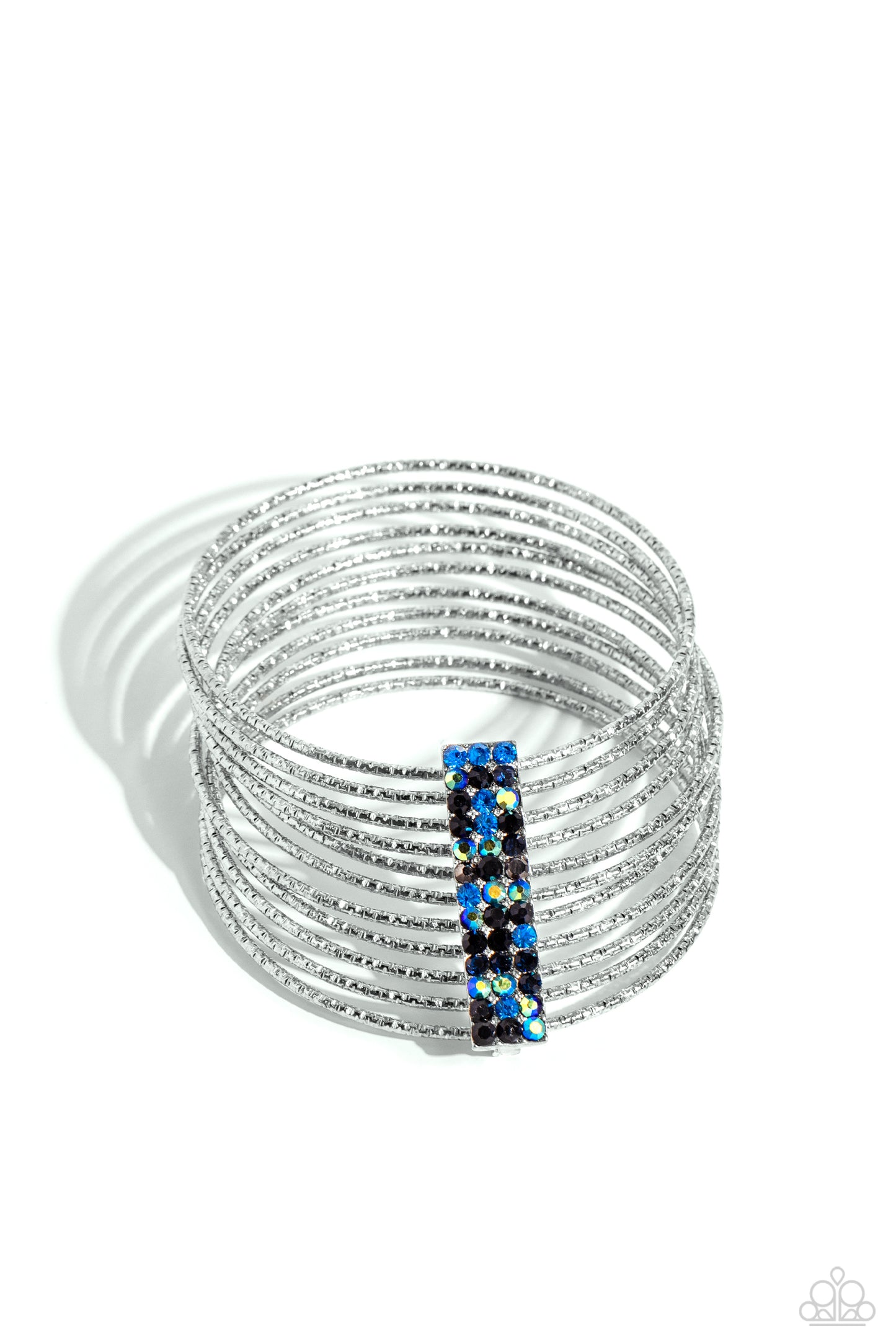 Shimmery Silhouette - Multi Blue Montana, Iridescent, Hematite Gem Silver Bangle Bracelet Paparazzi B0256