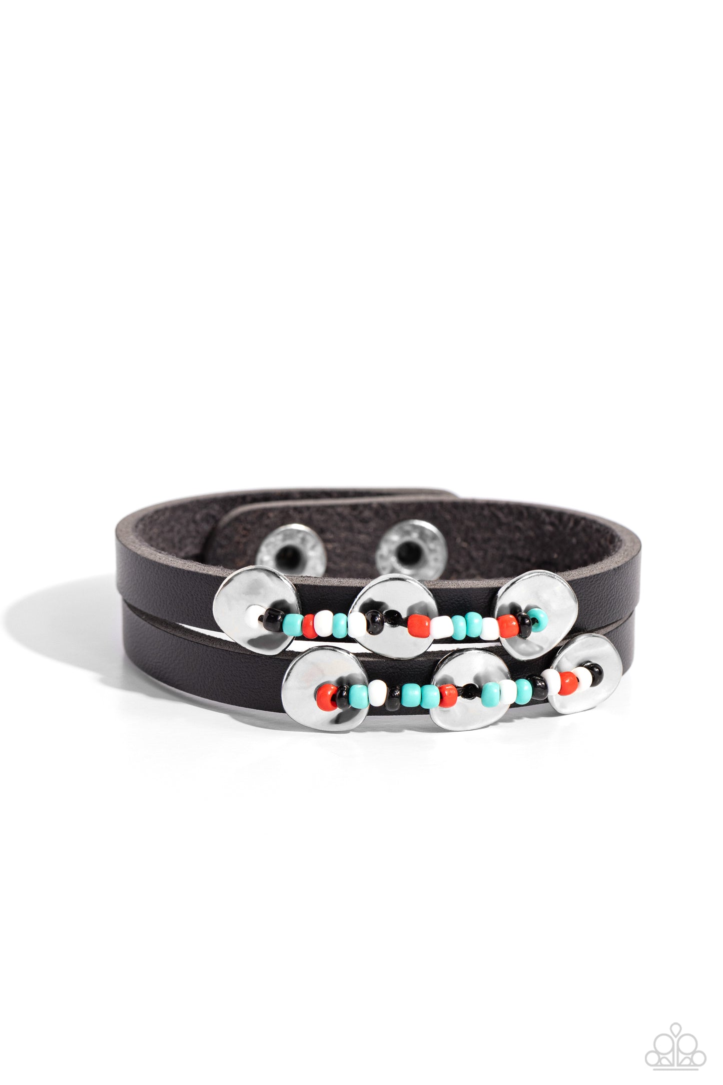 Social Sashay - Black Leather Multicolored White, Black, Tiffany & Red Seed Bead Bracelet Paparazzi B1509