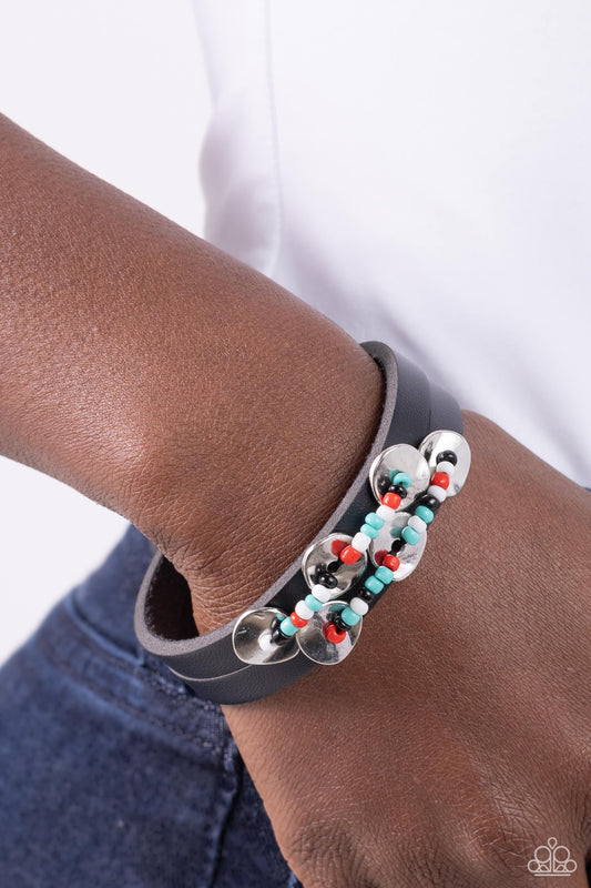 Social Sashay - Black Leather Multicolored White, Black, Tiffany & Red Seed Bead Bracelet Paparazzi B1509