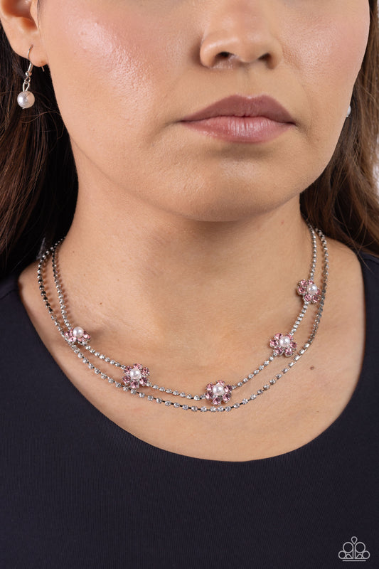 A SQUARE Beauty - Pink & White Rhinestone Flower Necklace Paparazzi N1993