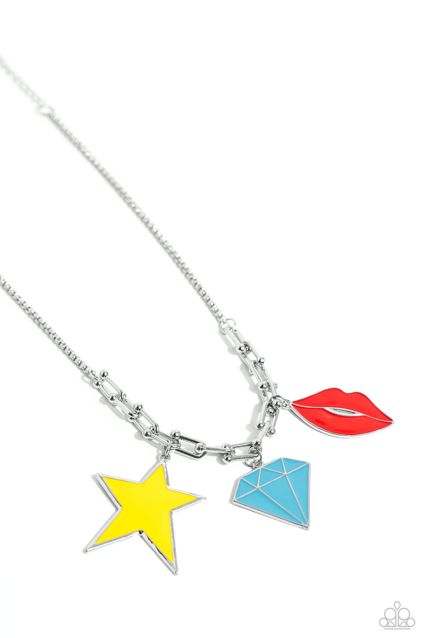 Scouting Shapes - Multi Yellow Star, Turquoise Diamond and Red Lip Charm Necklace Paparazzi N1757