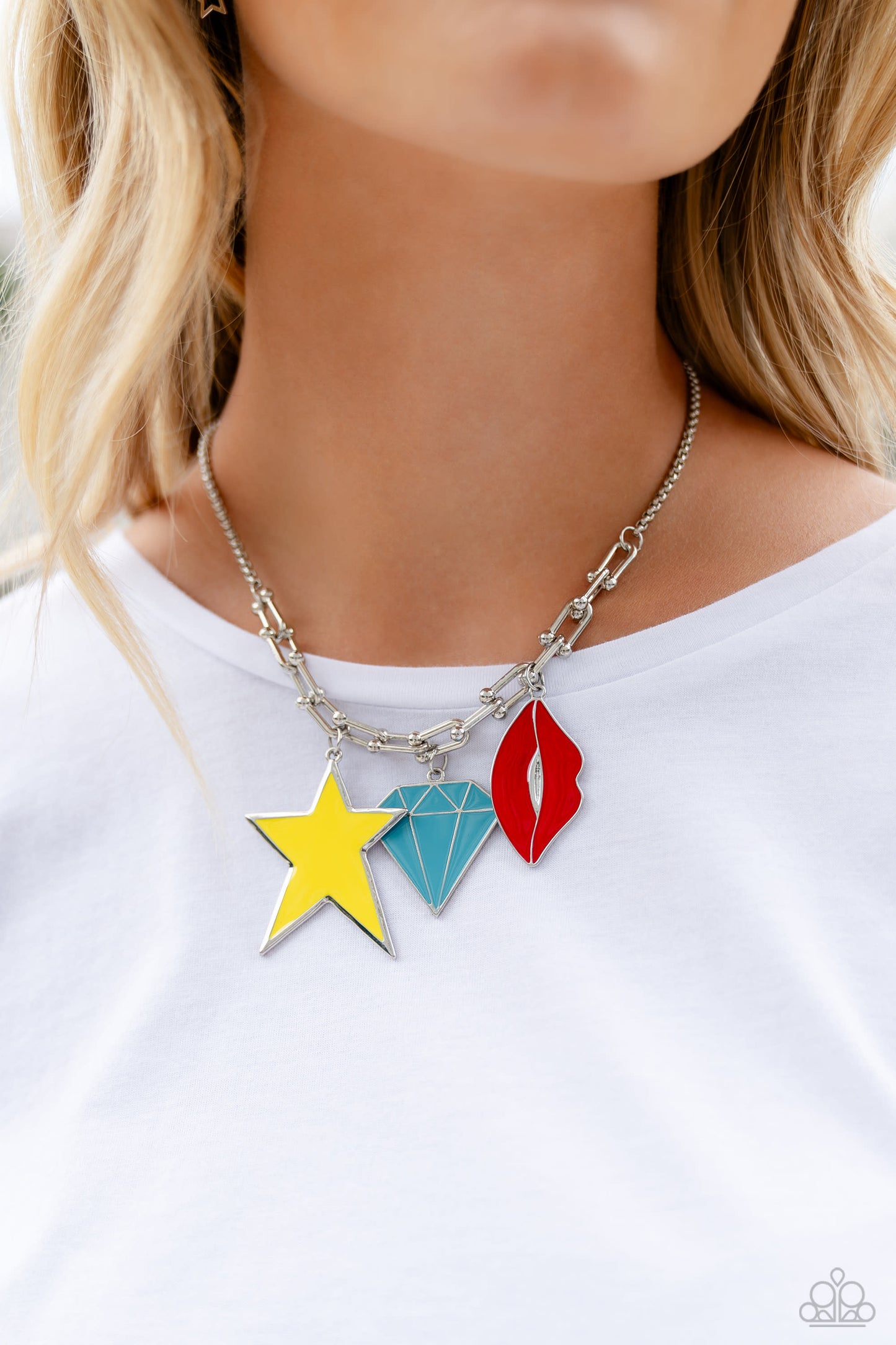 Scouting Shapes - Multi Yellow Star, Turquoise Diamond and Red Lip Charm Necklace Paparazzi N1757