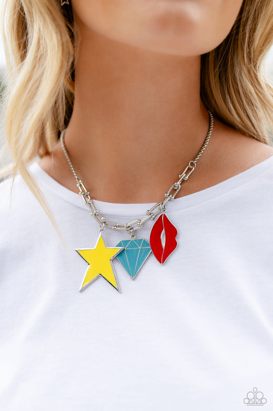 Scouting Shapes - Multi Yellow Star, Turquoise Diamond and Red Lip Charm Necklace Paparazzi N1757