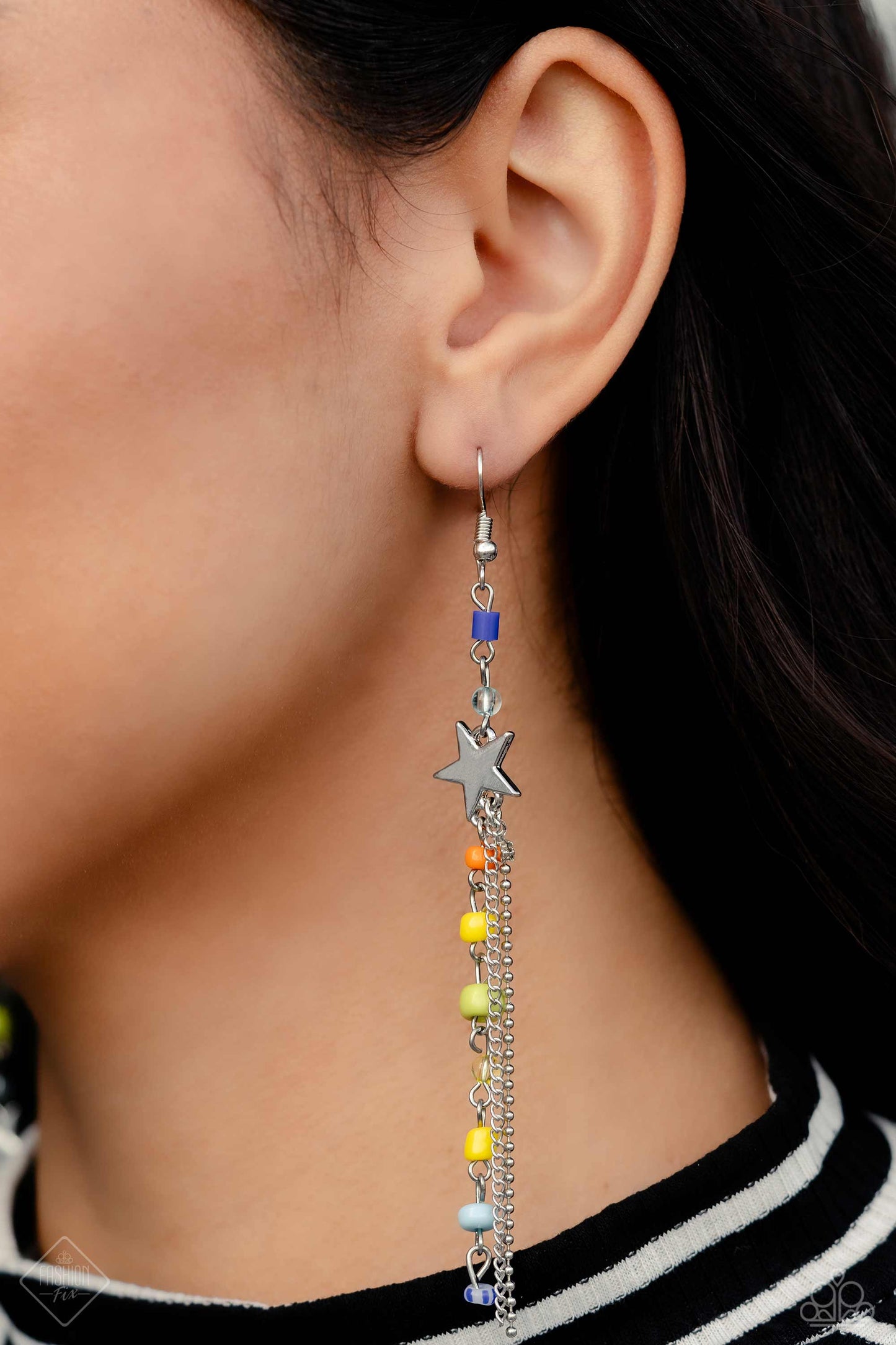 Candid Collision - Multi Colored Blue, Orange, Yellow, Green Bead & Silver Star Tassel Earring Fashion Fix November 2023 Paparazzi E1774