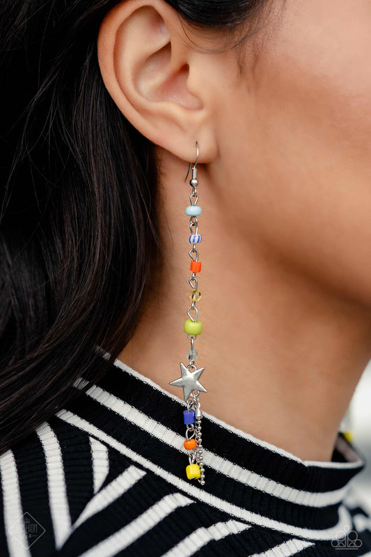 Candid Collision - Multi Colored Blue, Orange, Yellow, Green Bead & Silver Star Tassel Earring Fashion Fix November 2023 Paparazzi E1774