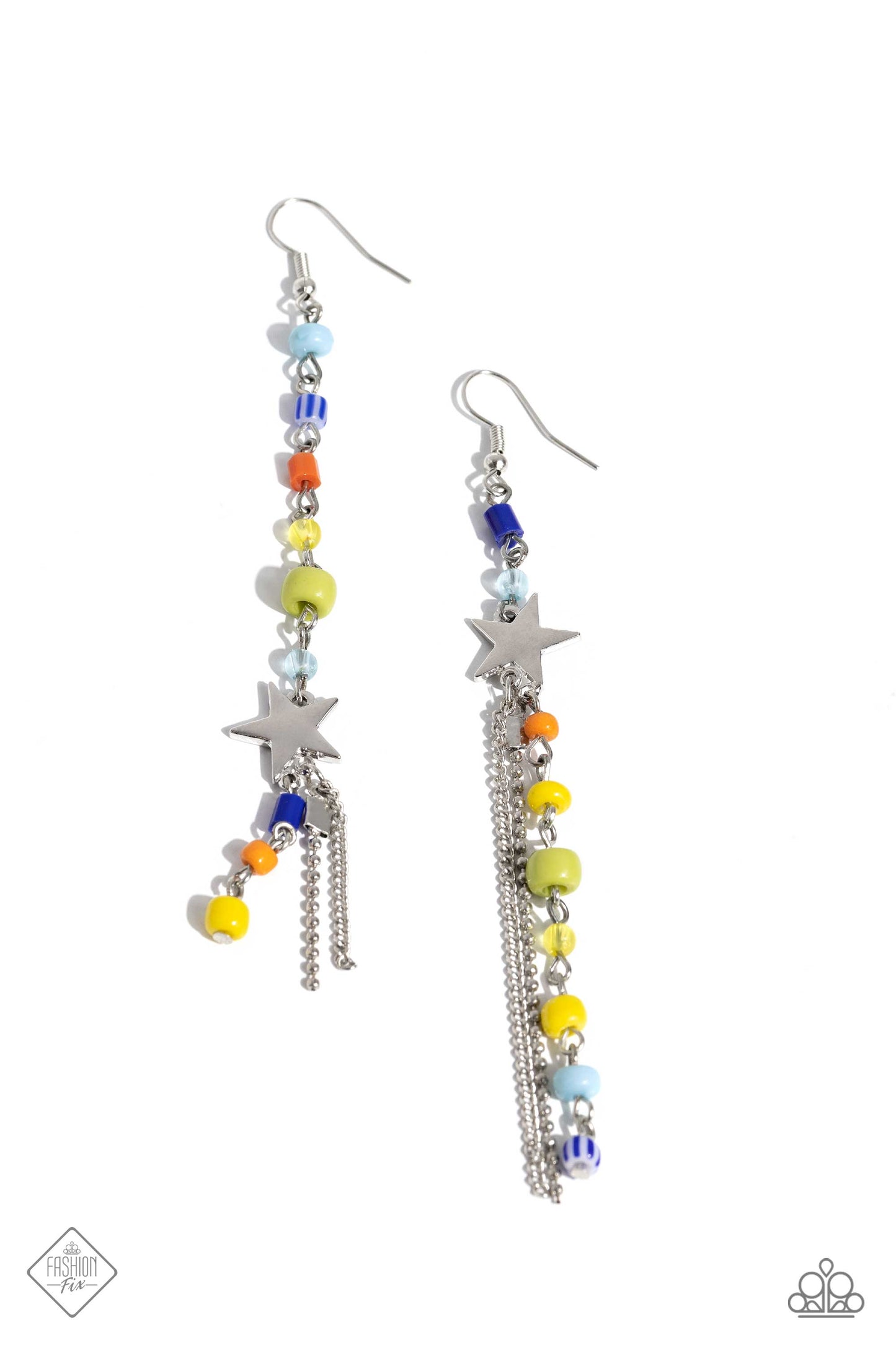 Candid Collision - Multi Colored Blue, Orange, Yellow, Green Bead & Silver Star Tassel Earring Fashion Fix November 2023 Paparazzi E1774