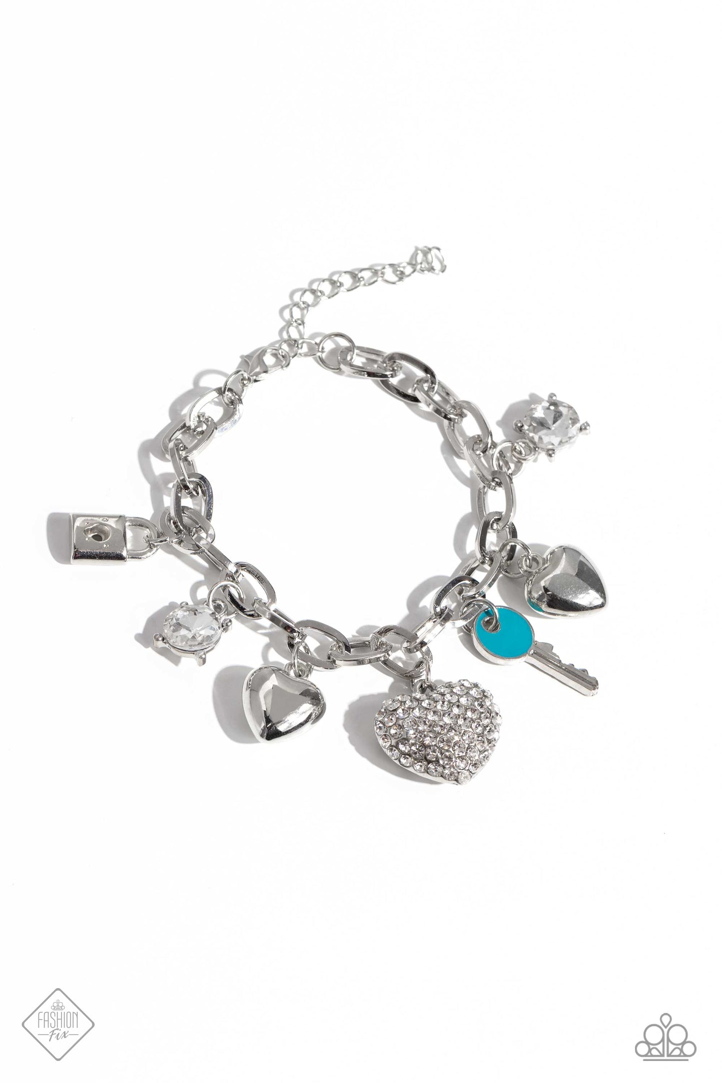 Charming Color - White Gems, Silver Heart, Blue Key Charm Bracelet Fashion Fix October 2023 Paparazzi B1397