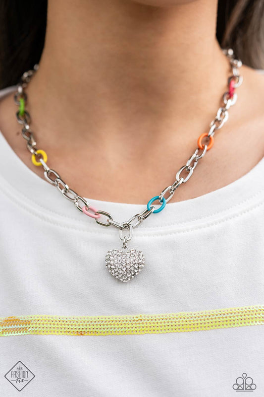 Colorful Candidate - Multi Colored Chain silver Rhinestone Heart Necklace Fashion Fix October 2023 Paparazzi N3007