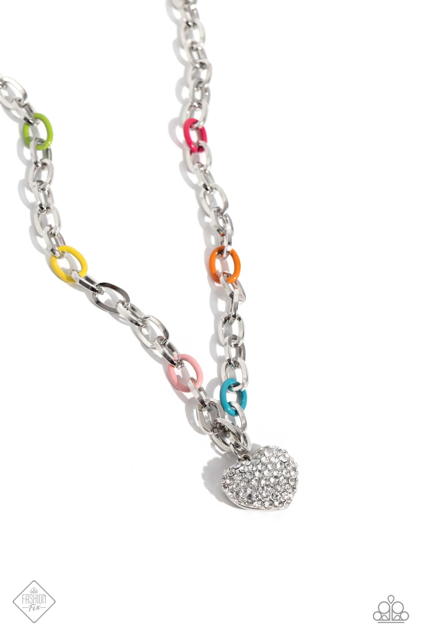 Colorful Candidate - Multi Colored Chain silver Rhinestone Heart Necklace Fashion Fix October 2023 Paparazzi N3007