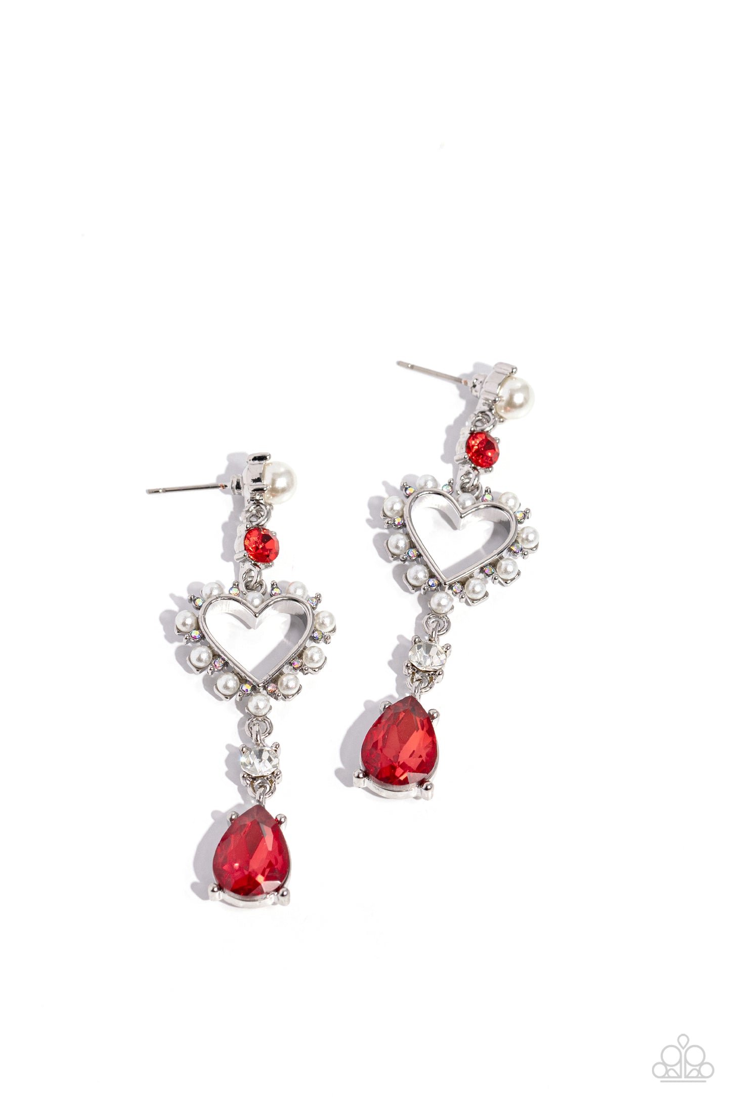 Lovers Lure - Red Gem & White Pearl Heart Earring Paparazzi E1813