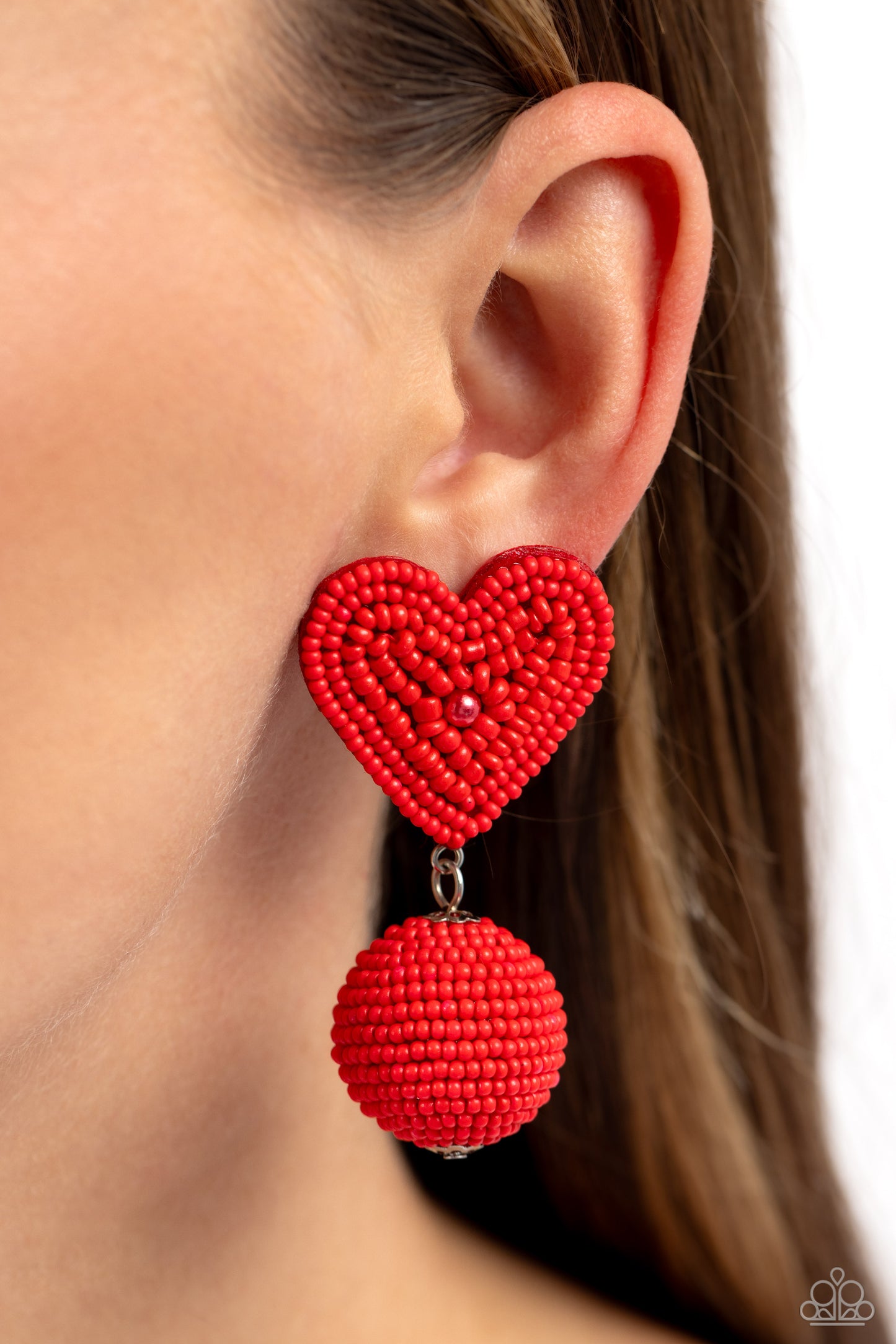 Spherical Sweethearts - Red Seed Bead Heart Post Earring Paparazzi E1671