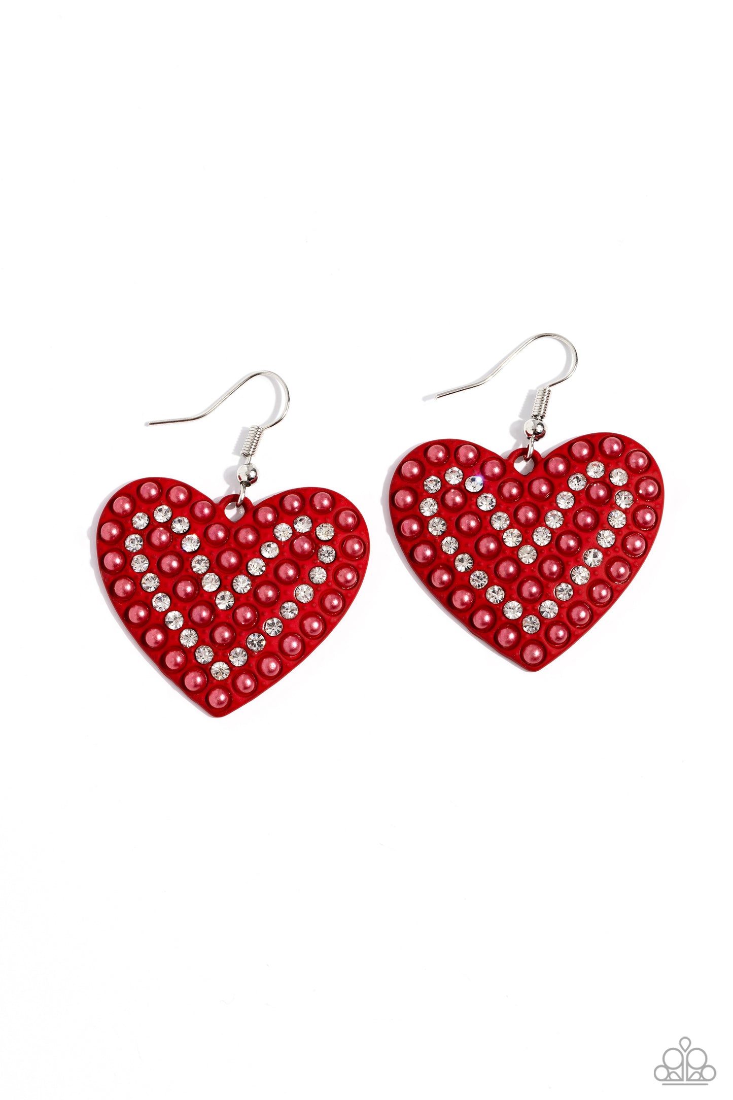 Romantic Reunion - Red Pearl White Rhinestone Heart Earring Paparazzi E1961