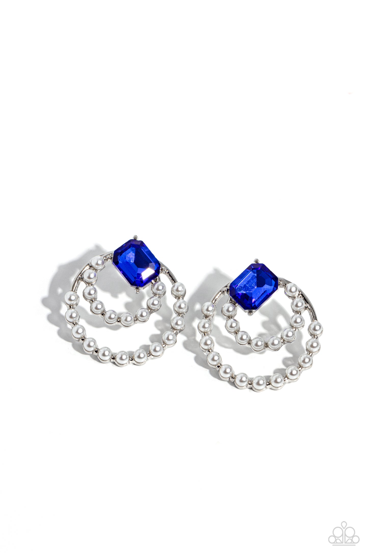 Double Standard - Blue Emerald Cut Gem White Pearl Earring Paparazzi E1627