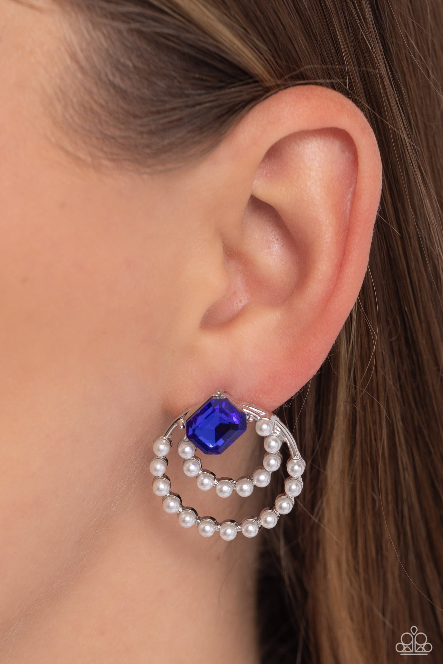 Double Standard - Blue Emerald Cut Gem White Pearl Earring Paparazzi E1627