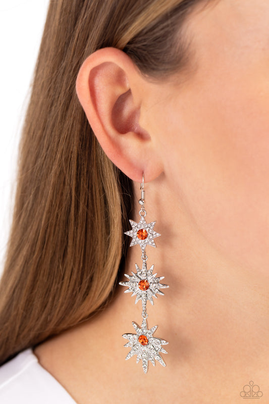 Stellar Series - Orange & White Rhinestone Star Earring Paparazzi E1630