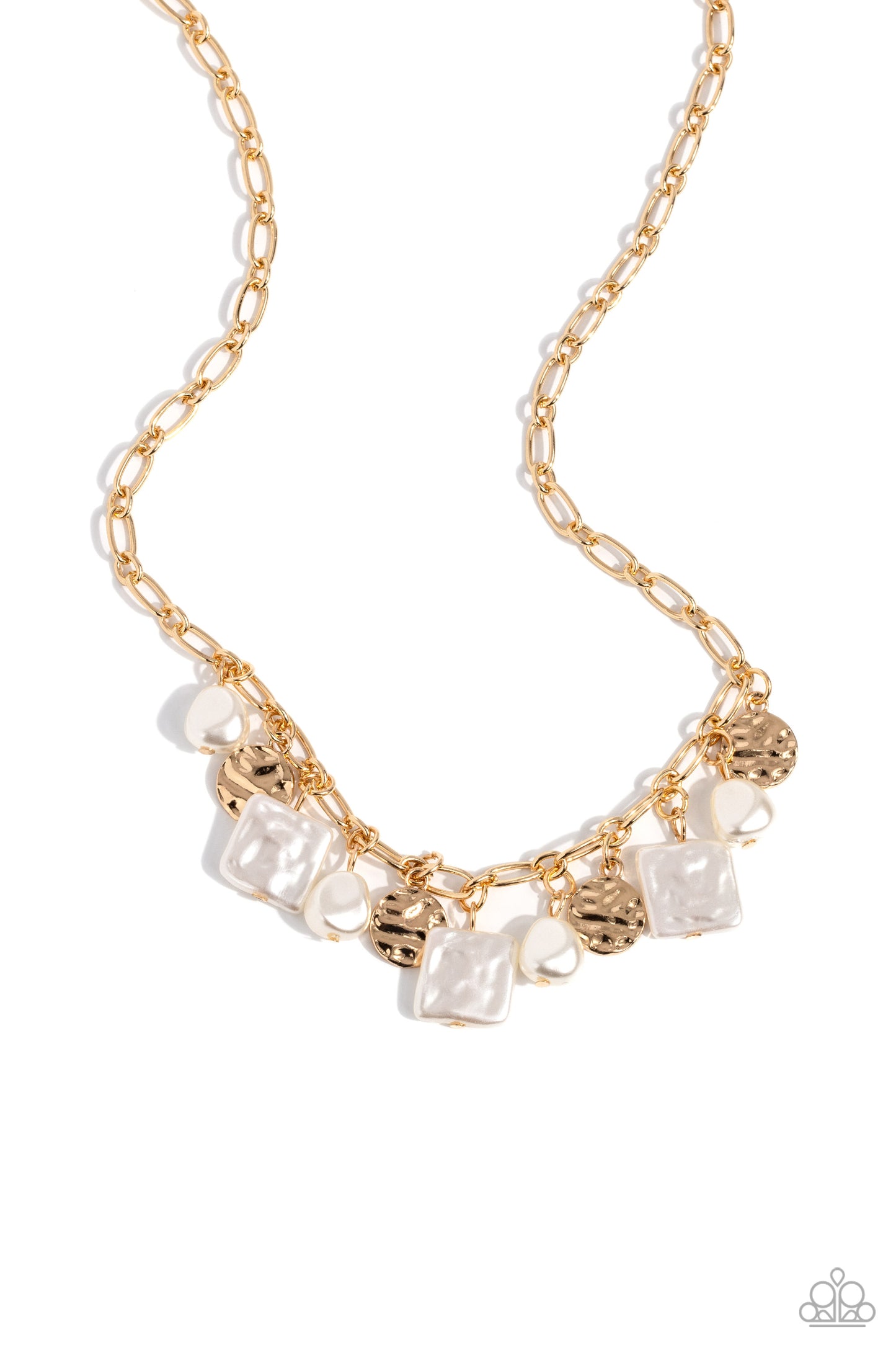 Sophisticated Squared - Gold Hammered Disc, Baroque & Squared White Pearl Necklace Paparazzi N2118