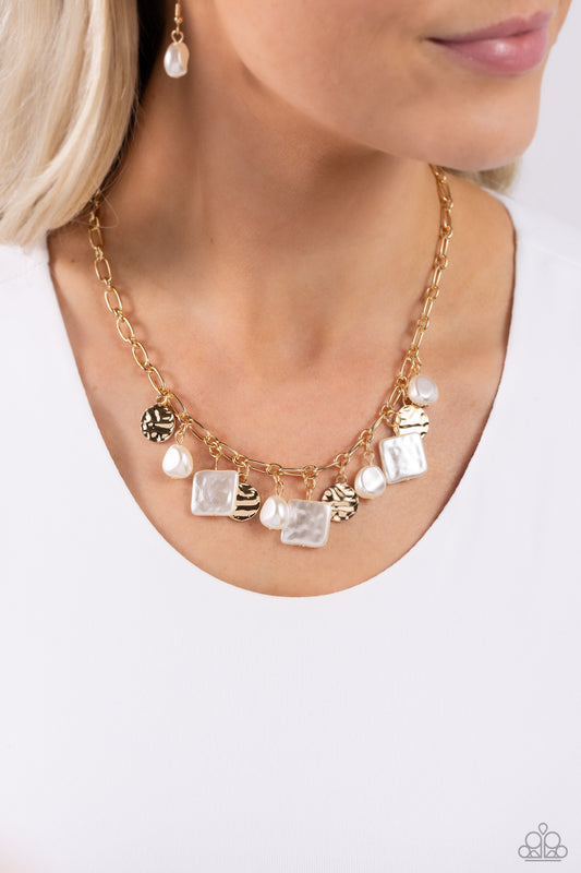 Sophisticated Squared - Gold Hammered Disc, Baroque & Squared White Pearl Necklace Paparazzi N2118