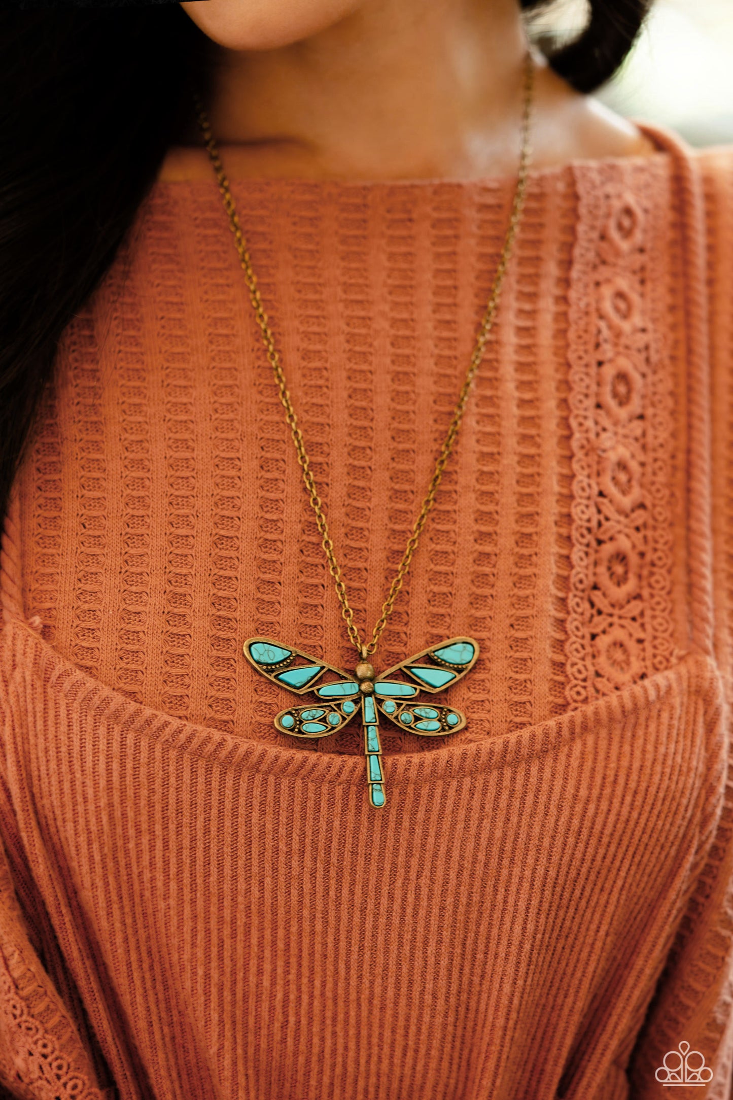 FLYING Low - Brass & Turquoise Dragonfly Necklace 2023 Convention Exclusive Paparazzi N1760