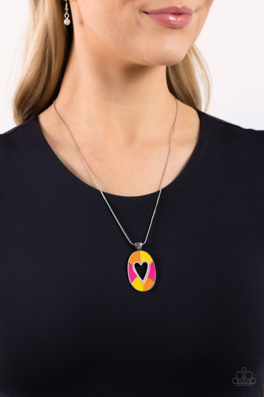 Airy Affection - Multi Pink Peacock, Orange, Yellow Painted Pendant Heart Necklace Paparazzi N2106