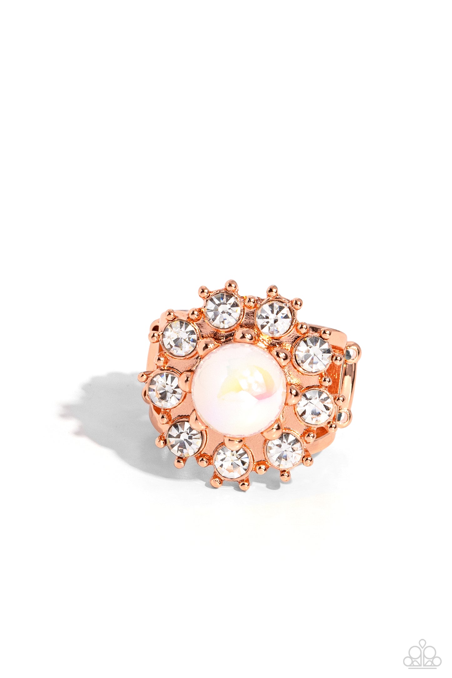 Elite Enchantment - Copper - Shiny Copper White Bead & Rhinestone Floral Ring Paparazzi R0604