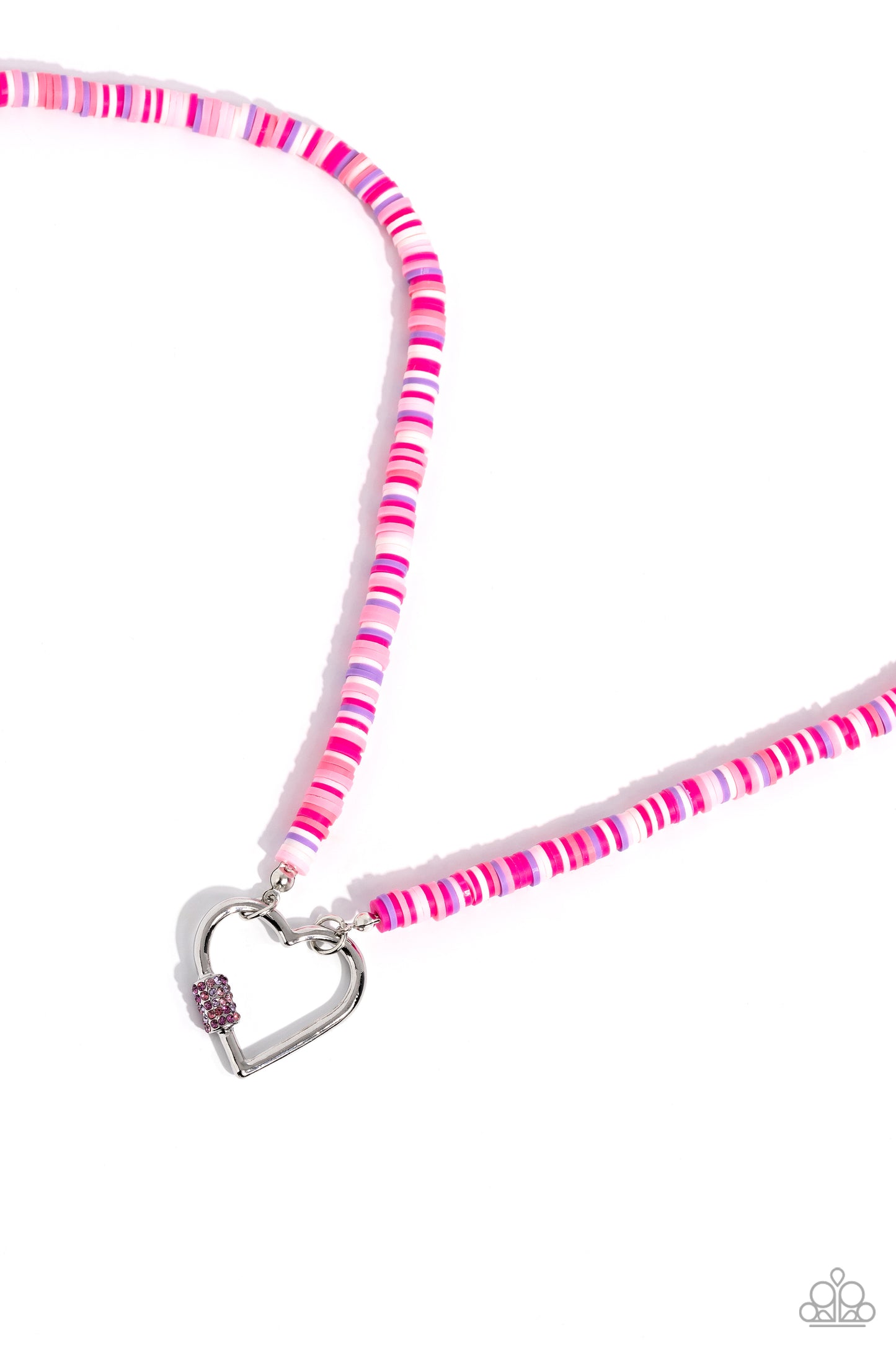 Clearly Carabiner - Pink, White & Purple Rhinestone Encrusted Carabiner Silver Heart Necklace Paparazzi N3020