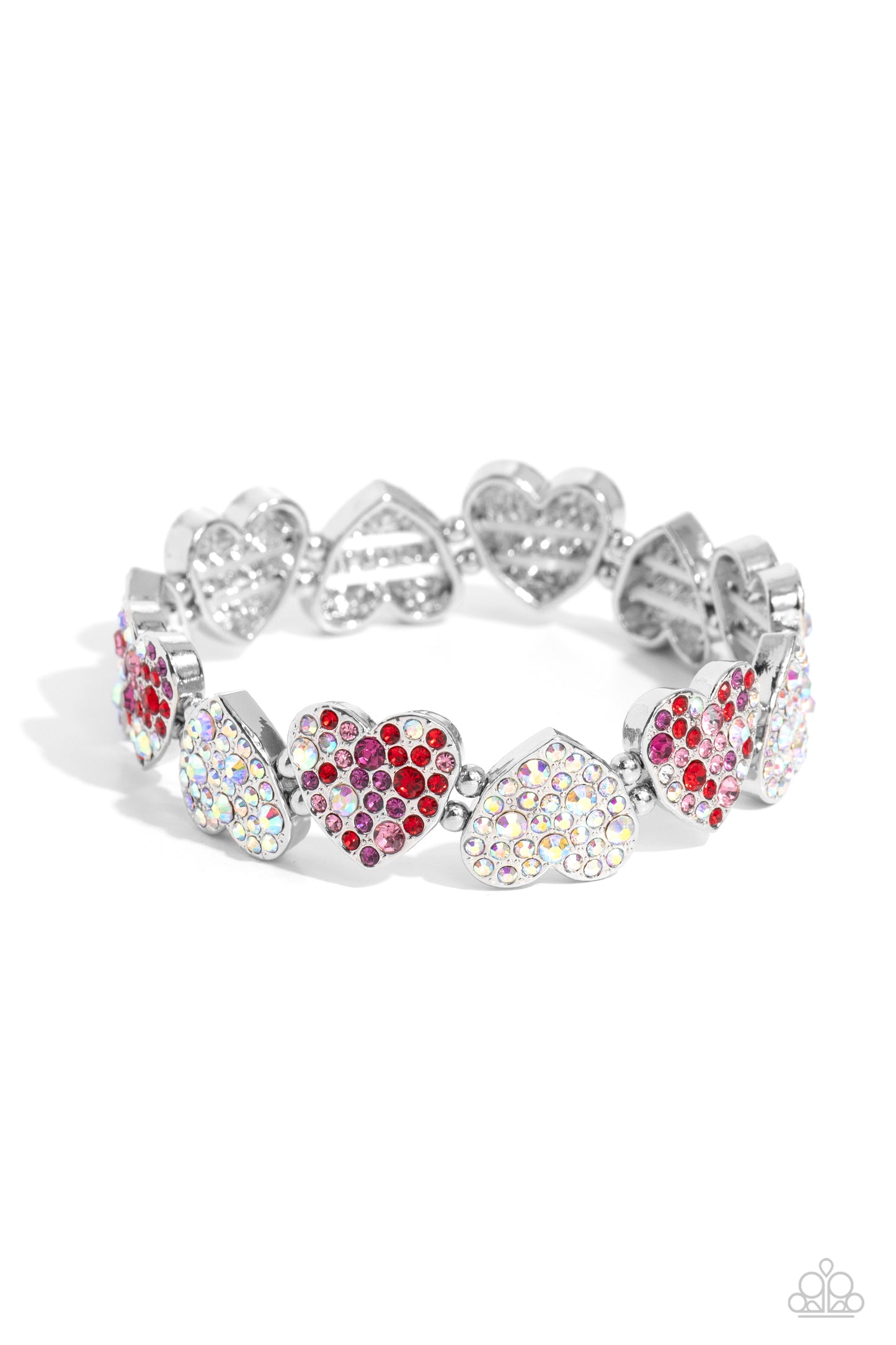 Headliner Heart - Multi Iridescent, Red, Fuchsia, Purple, Light Rose Rhinestone Heart Stretch Bracelet B0592