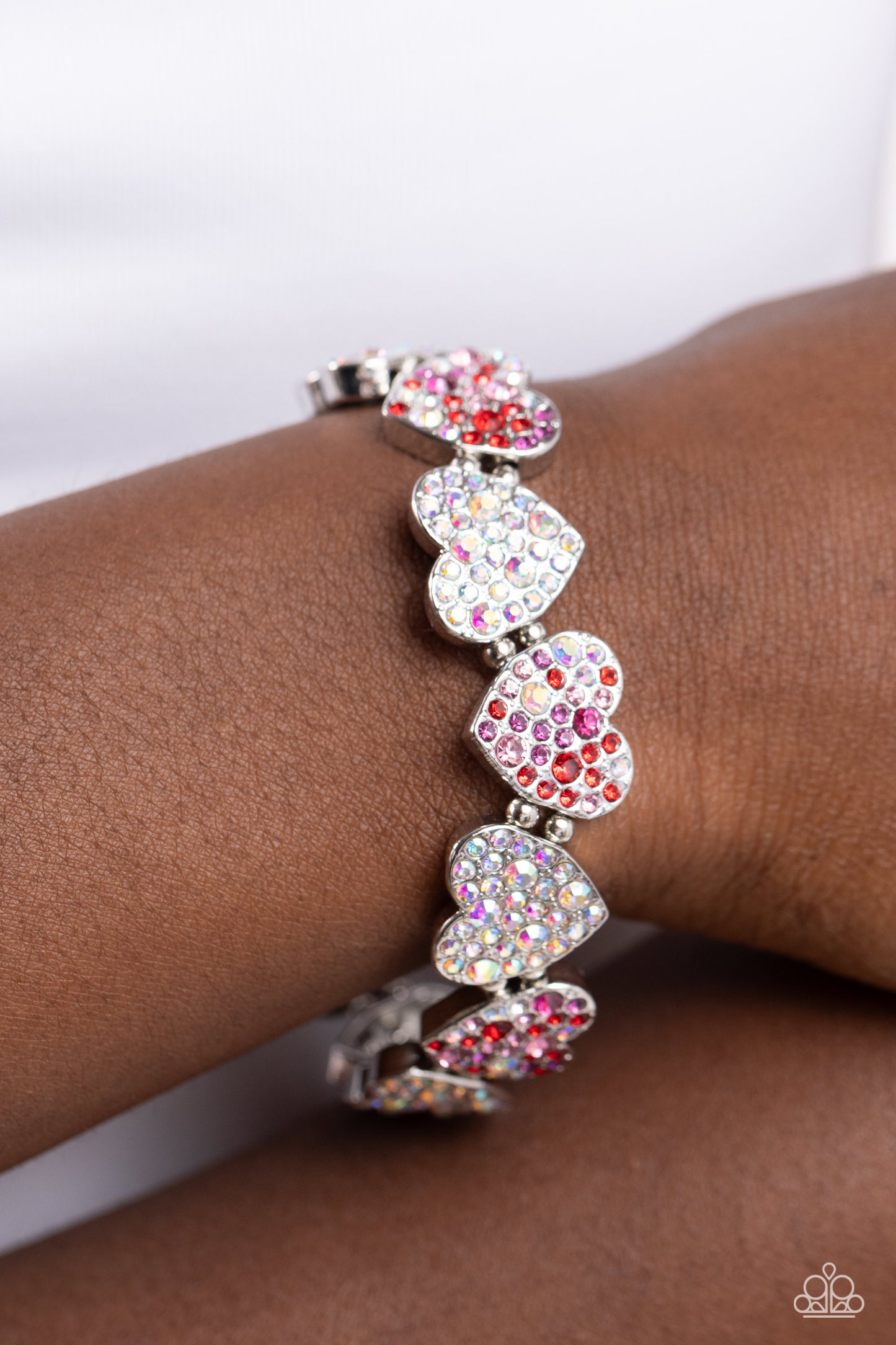 Headliner Heart - Multi Iridescent, Red, Fuchsia, Purple, Light Rose Rhinestone Heart Stretch Bracelet B0592