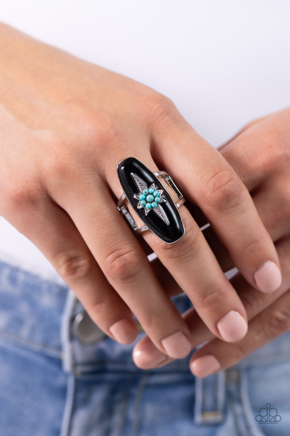 Ethereal Effort - Black Painted Turquoise Stone Flower Ring Santa Fe Style Paparazzi R0630