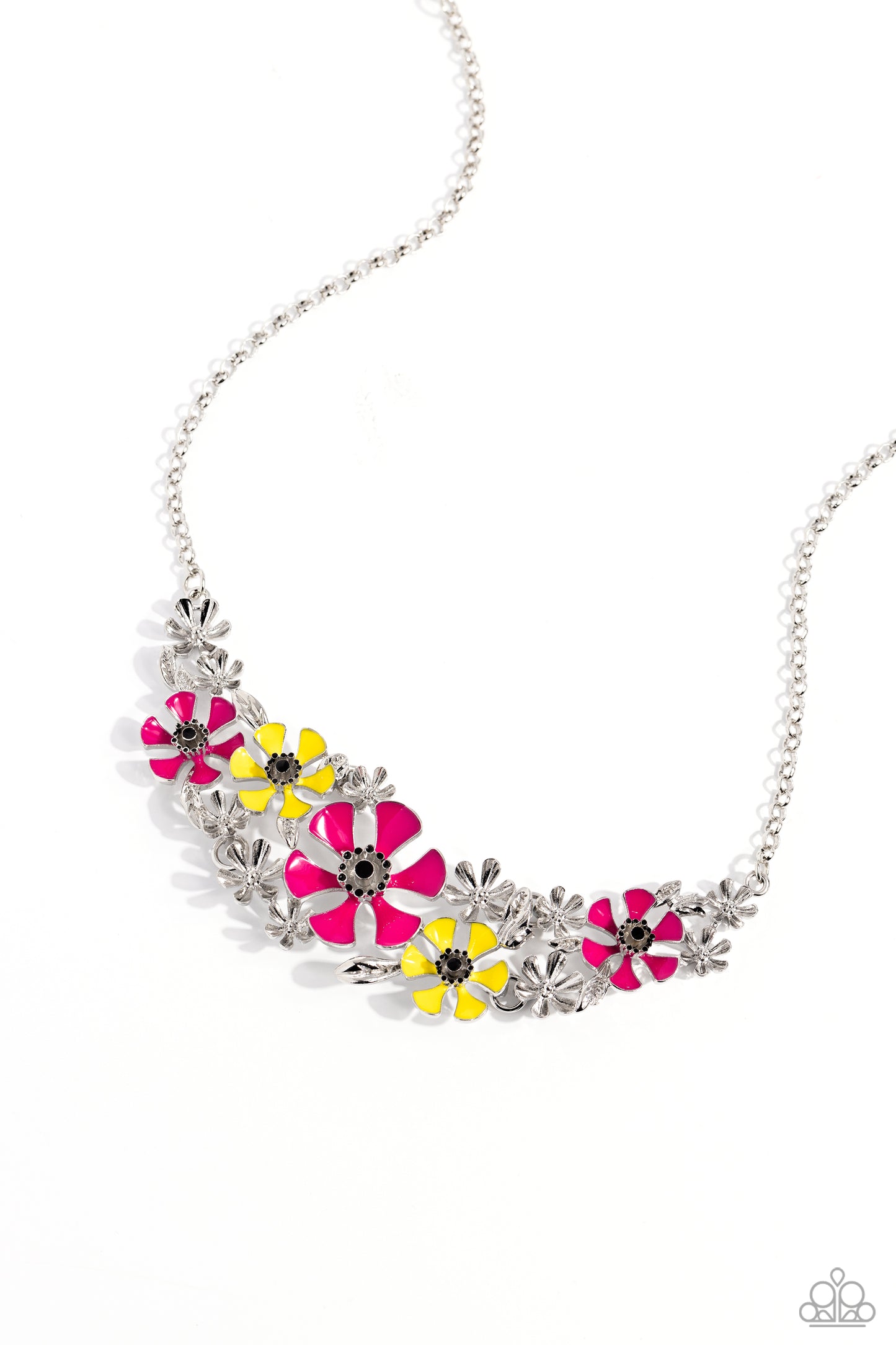 Blooming Practice - Pink, Yellow & Silver Flower Necklace Paparazzi N2080