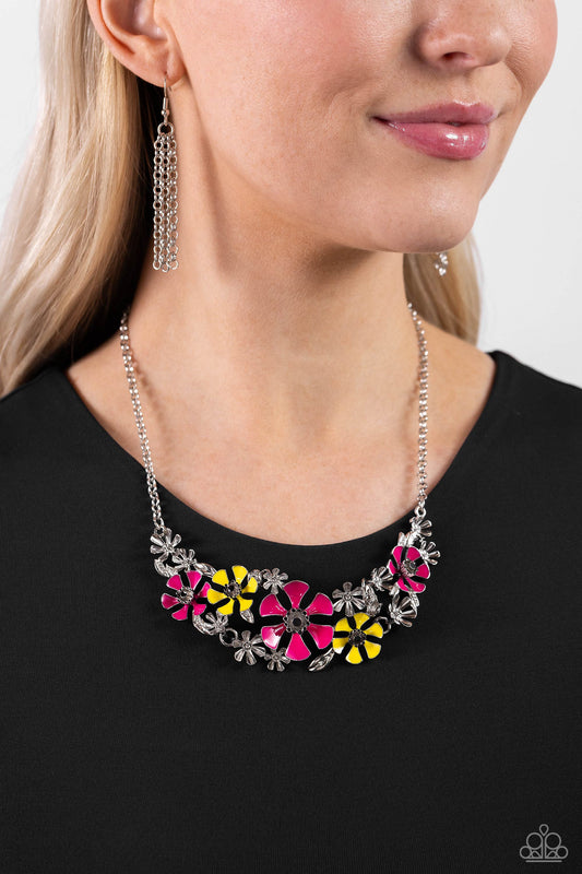 Blooming Practice - Pink, Yellow & Silver Flower Necklace Paparazzi N2080