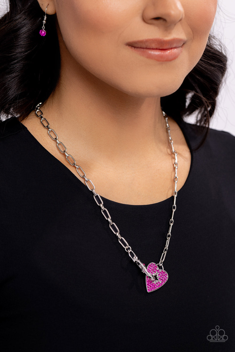 Radical Romance - Pink Fuchsia Rhinestone Heart & Silver Paperclip Chain Necklace Paparazzi N2029