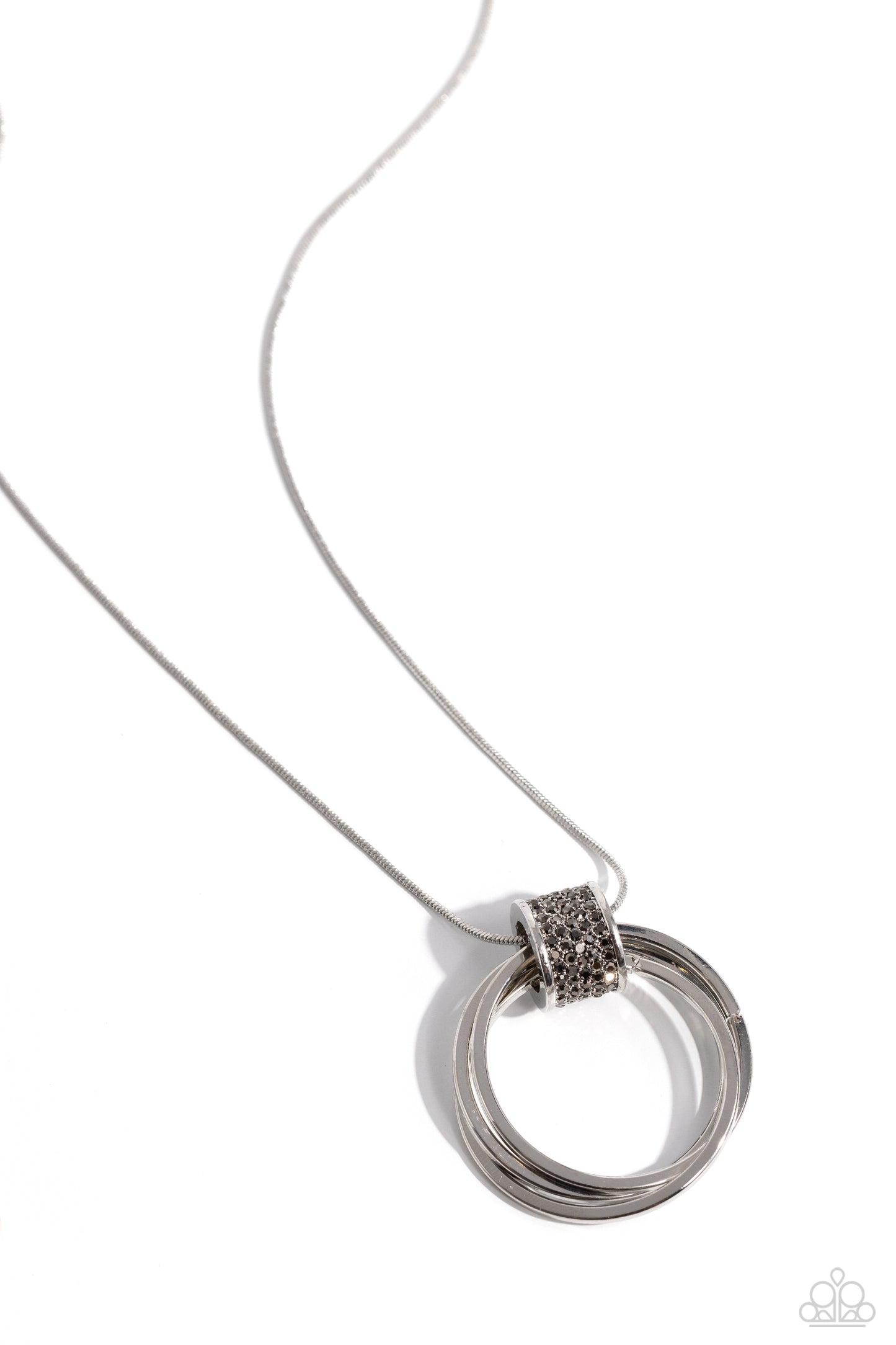 In the Swing of RINGS - Silver Snake Chain, Hoop & Hematite Rhinestone Encrusted Ring Necklace  Paparazzi N2154